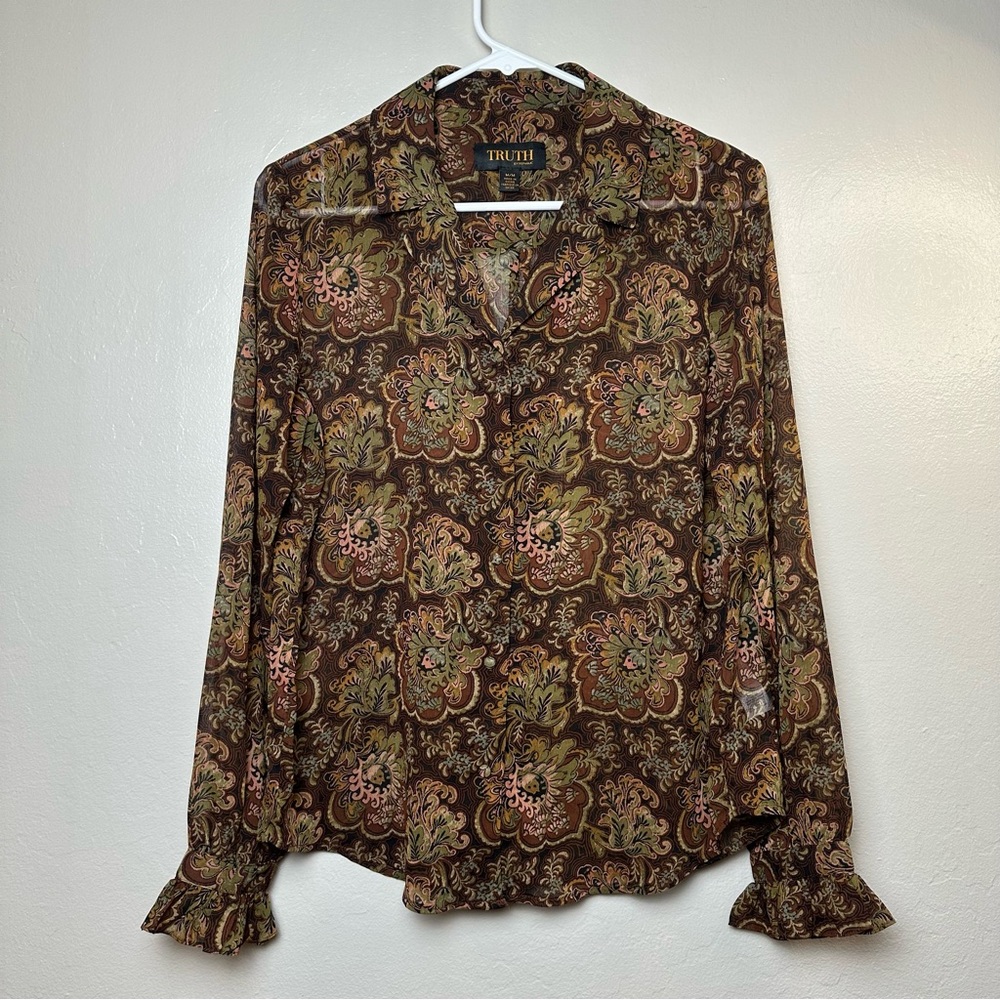 Truth Woman Blouse Top Brown Floral Ruffled Cuff Long Sleeve‎ Boho Cottagecore M